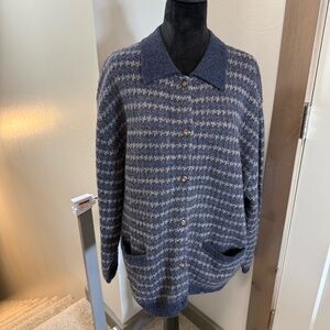 Vintage Eddie Bauer 100% Wool Blue White Stripe Oversize Button Down Sweater XXL
